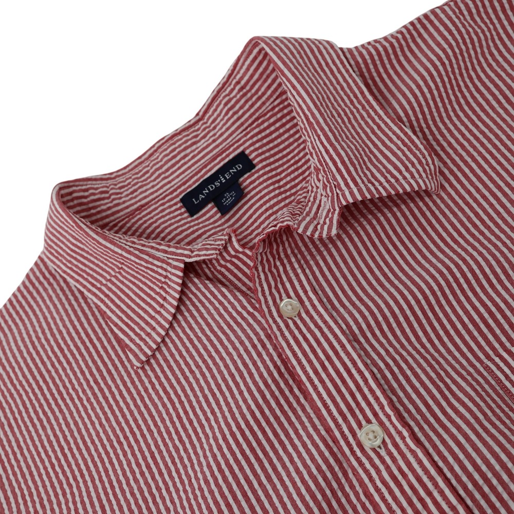 Lands End Mens Red White Striped Seersucker Short Sleeve Button Down Shirt